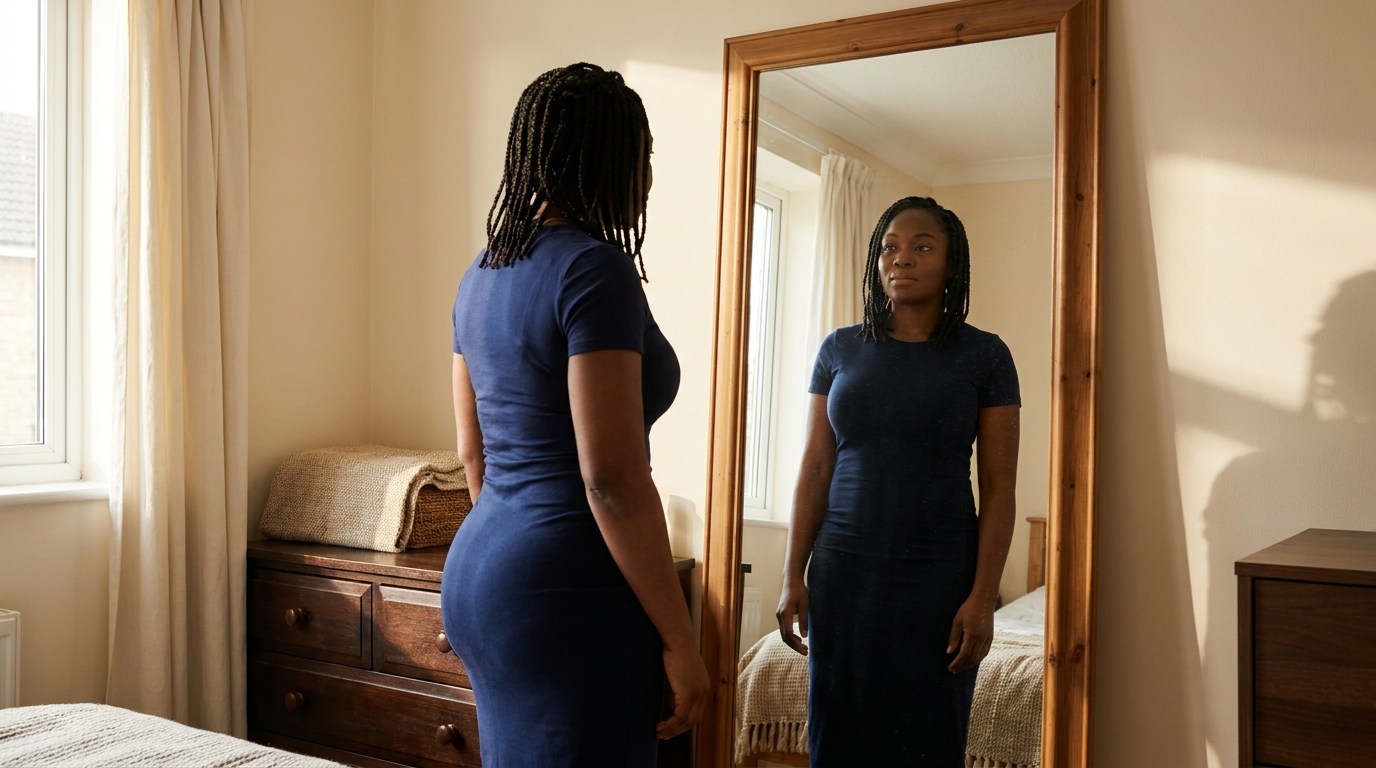 Nigerian woman standing at a mirror, quiet and reflective